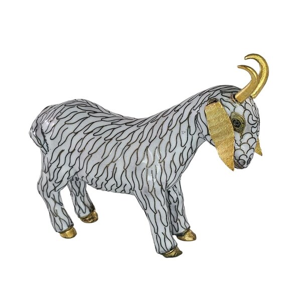 Other - VIntage Cloisonne Enamel Copper Brass Standing Horned Goat Figurine White Gold